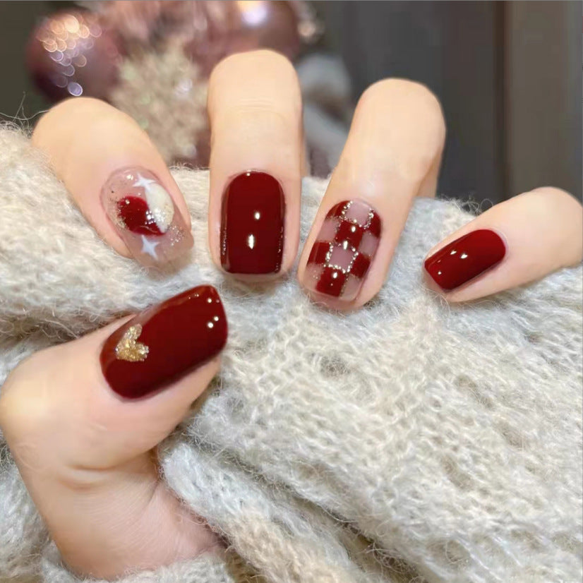 Wine Red Glitter Heart Design Nails