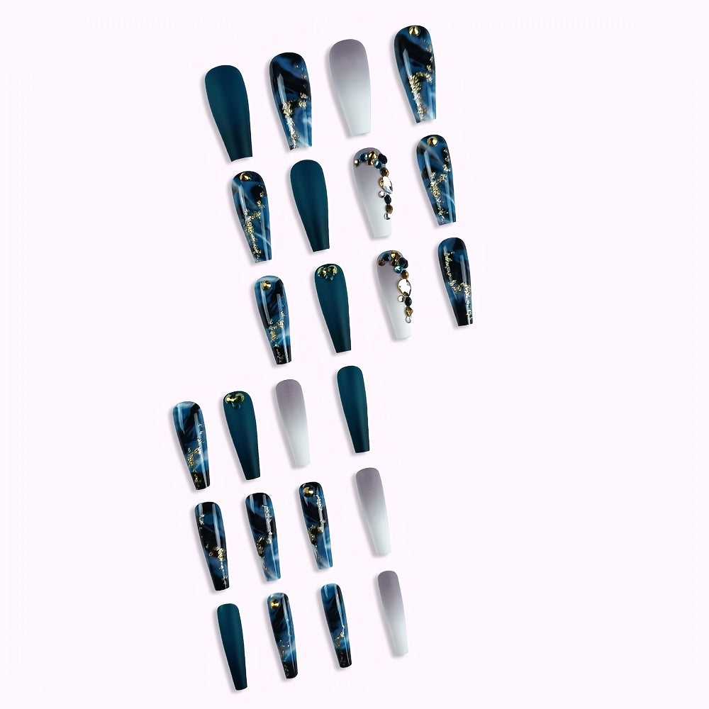 Long Marbled Fake Nails Rhinestone Coffin Dark Green
