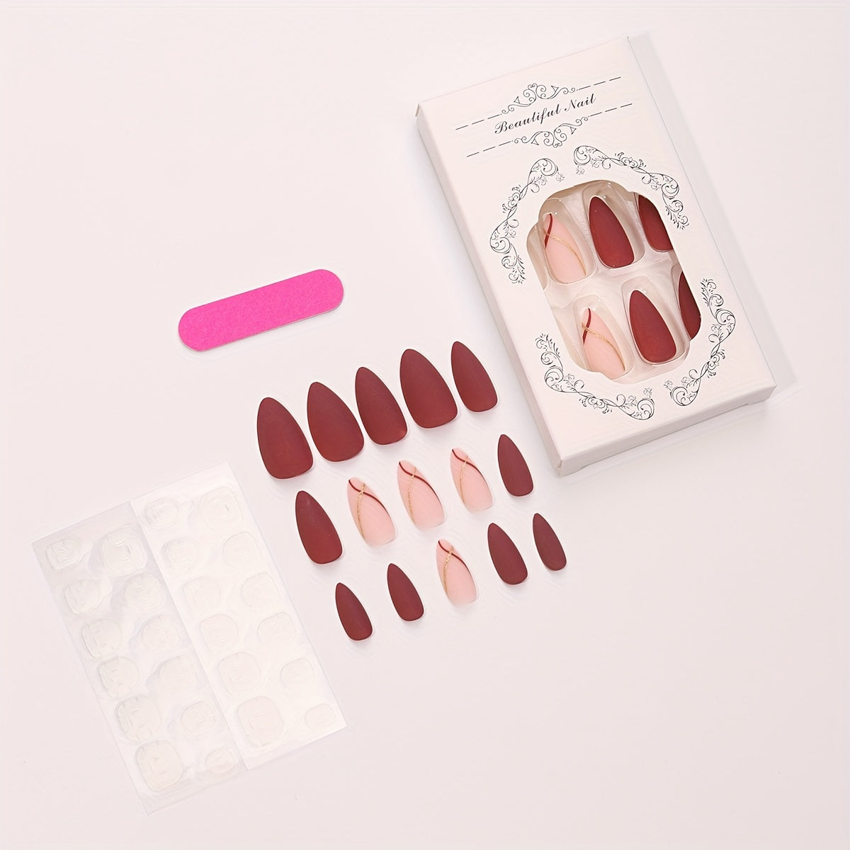 Matte Medium Red Nails Golden Glitter Line Design