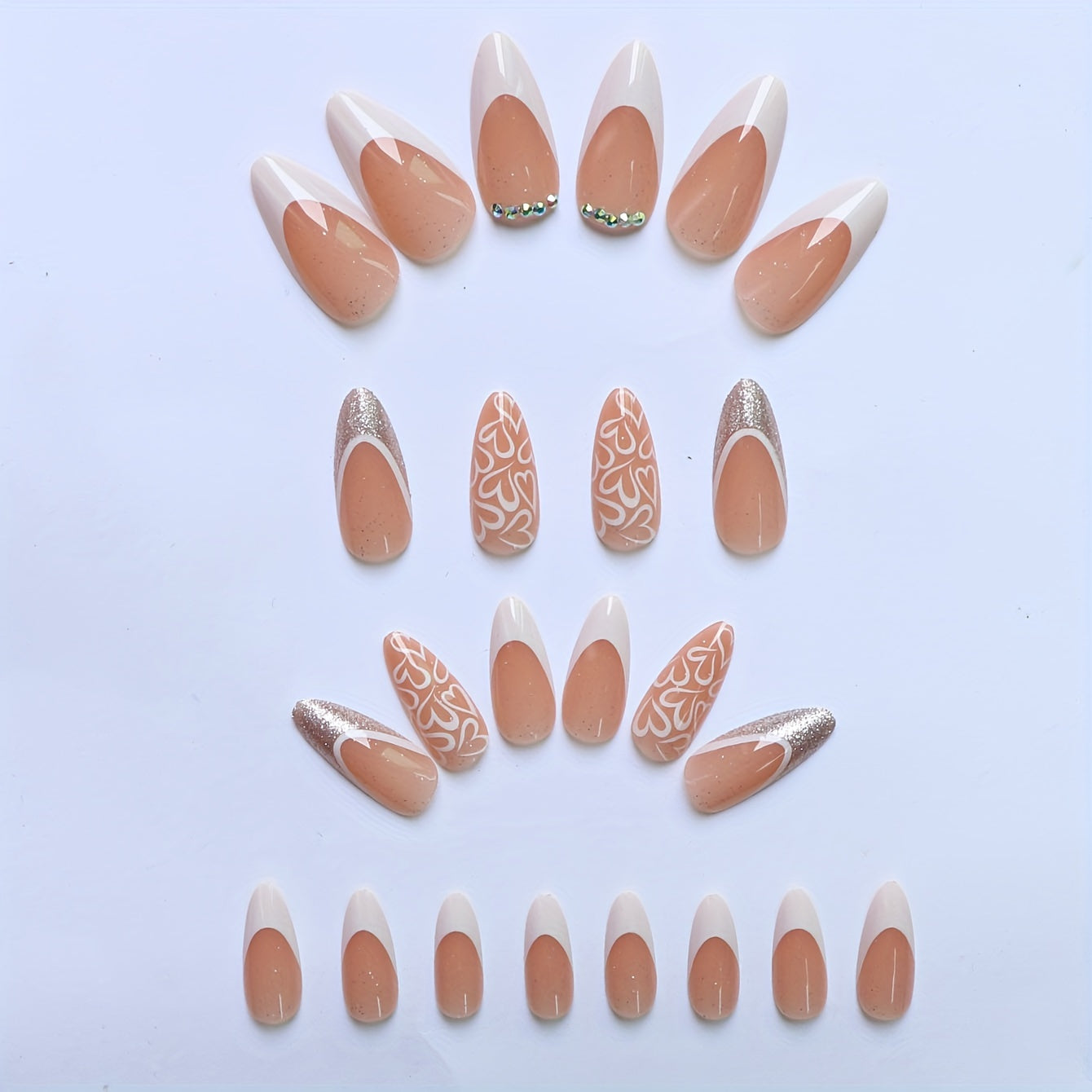 Medium Almond Shaped French White Edge Heart  Nail Tips