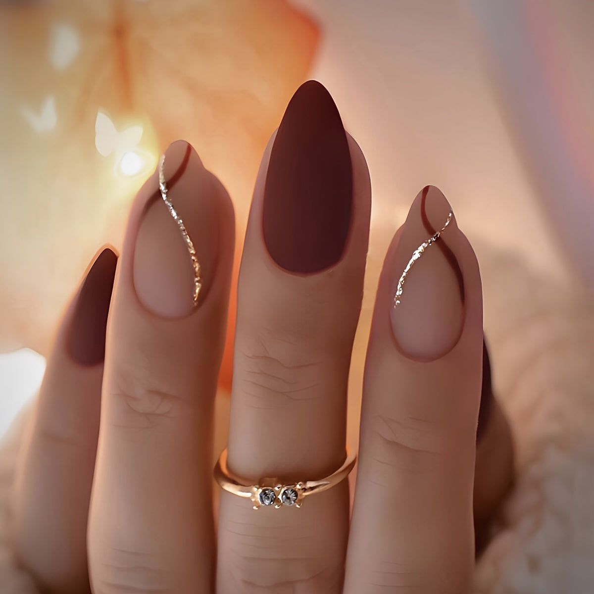 Matte Medium Red Nails Golden Glitter Line Design